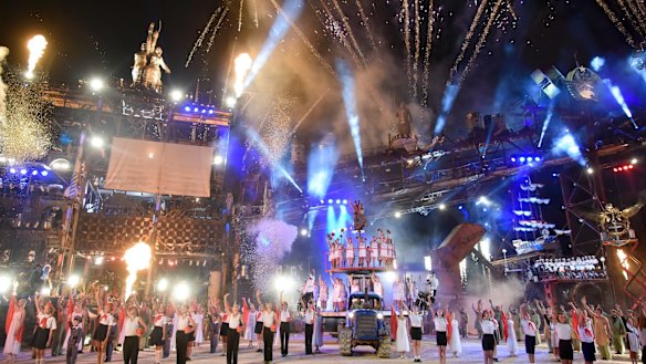 Actors perform in a bike show, called the Ark of Salvation, outside Sevastopol, Crimea, on August 12. The show was organised by the pro-Kremlin biker group Night Wolves.