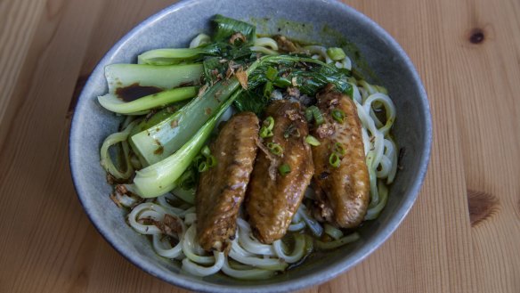 Chicken wings with veg udon curry sauce. 