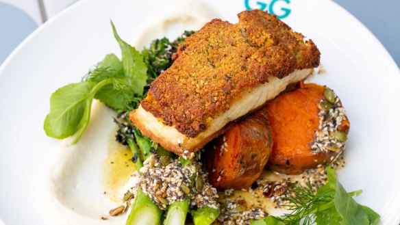 Pistachio-crusted barramundi. 