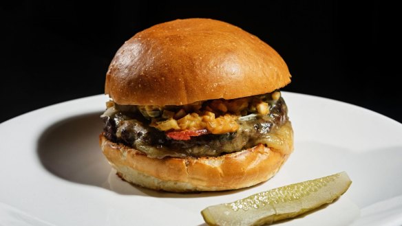 Rockpool's cheeseburger with bacon and dill pickle. 