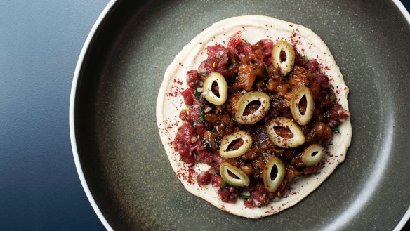 Go-to dish: Lamb tartare, eggplant, tahini yoghurt, and sumac.