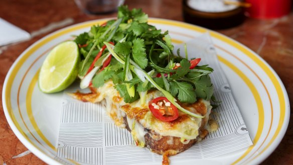 Grilled cheese and kimchi open sandwich.