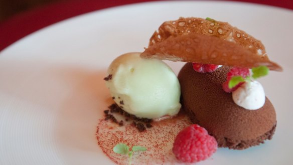 A chocolate and raspberry dessert at Montrachet.