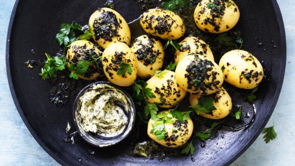 New potatoes with seaweed and garlic butter.