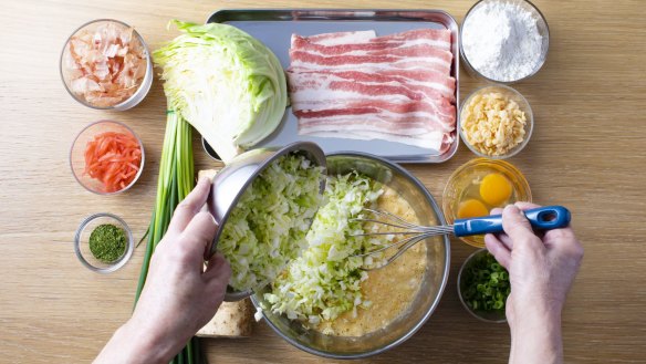 Making Osaka-style okonomiyaki at home.