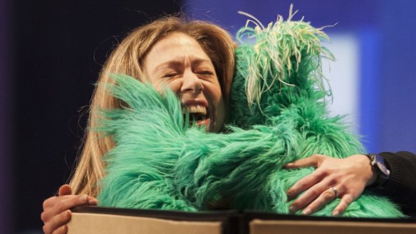 Chelsea Clinton, daughter of former Chelsea Clinton with "Rosita the Muppet" during the Clinton Global Initiative 2013  in New York. 