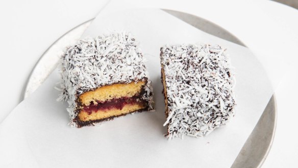 Rhubarb jam-filled lamingtons.