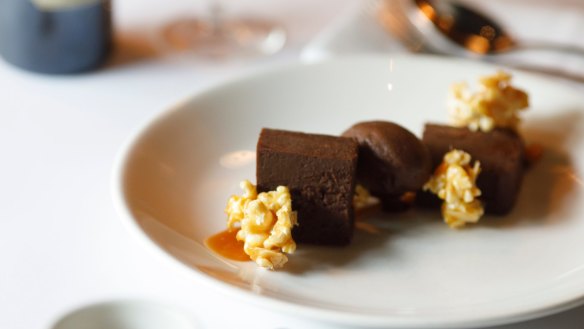 Flourless Amedei chocolate torte, salted caramel popcorn, and chocolate sorbetto. 