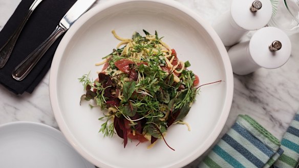 Rare yellowfin tuna spaghetti, rocket, capers, chilli.