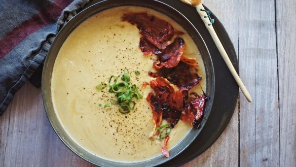 Roasted leek, potato and bacon soup with crispy caramelised prosciutto.