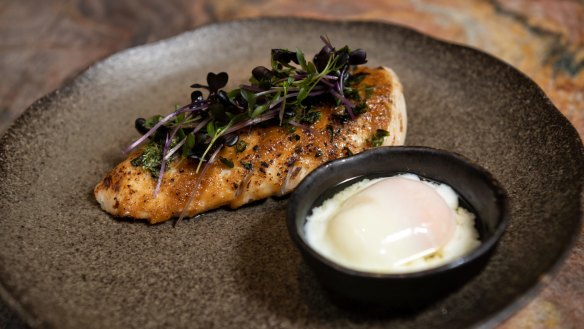 Robata chicken breast with onsen egg.