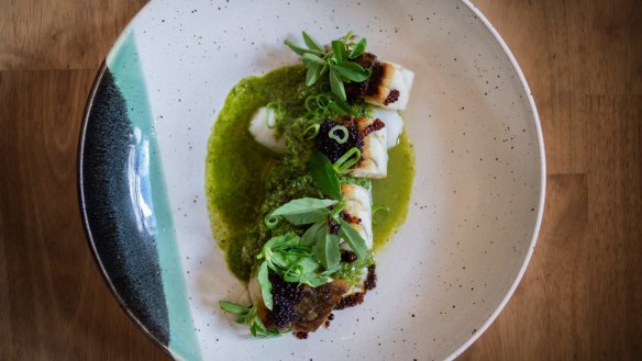 Pan-seared barramundi with fresh green curry and rolled rice noodles at Baah Lah!