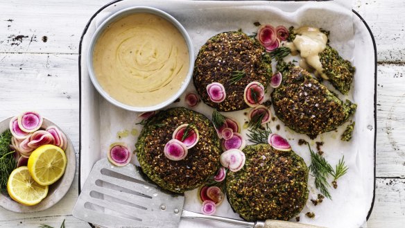 Falafel-stuffed portobello mushooms with smooth tahini sauce (top left).