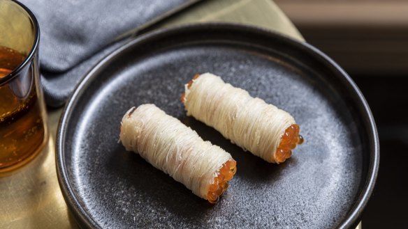 Crispy kataifi pastry rolls filled with cured trout.