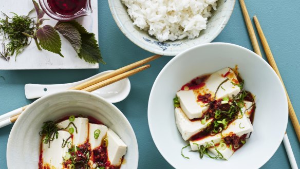 Chilled silken tofu dressed with ginger and crispy chilli sauce.