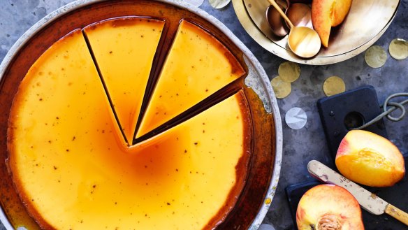 Neil Perry's Mexican-style caramel flan with peaches.