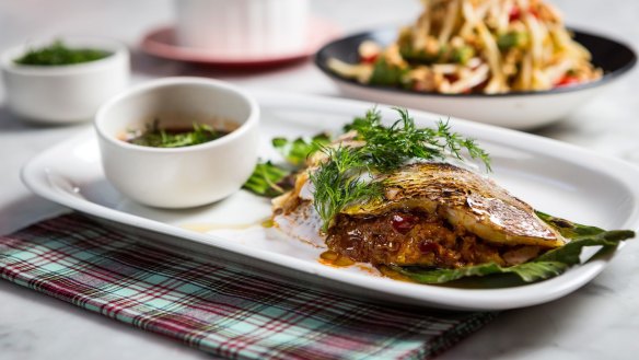 Magic Mountain Saloon's snapper sandwich with red curry, dill and ginger.