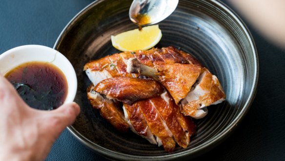 Crispy skin chicken with two sauces. 