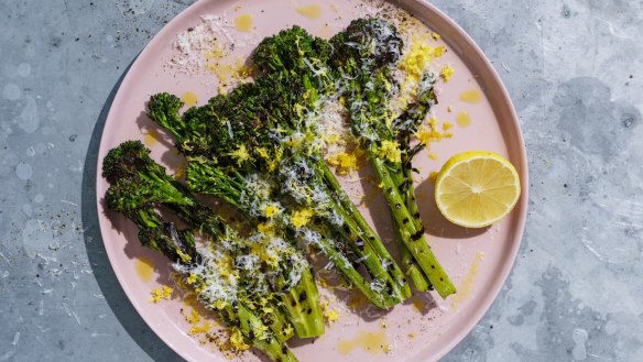 Barbecued broccolini with pecorino and lemon.