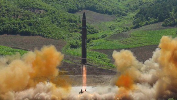 This photo distributed by the North Korean government shows what was said to be the launch of a Hwasong-14 intercontinental ballistic missile during North Korea's last missile tests.