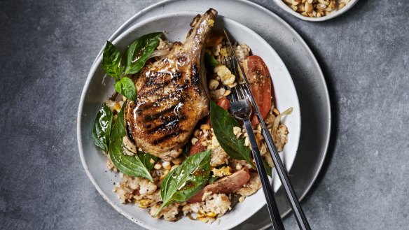 Sticky Thai pork cutlets with tomato fried rice. 