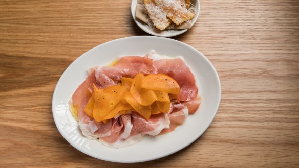 Culatello, salted persimmon, gnocco fritto at Agostino. 