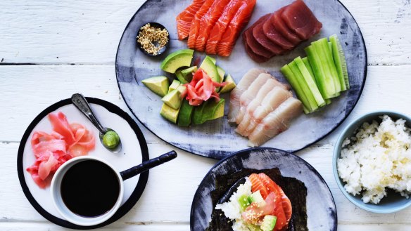 Sushi 'tacos' with avocado and wasabi.