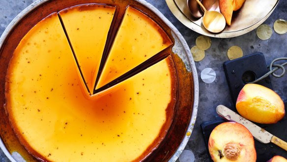 Neil Perry's caramel flan with peaches.