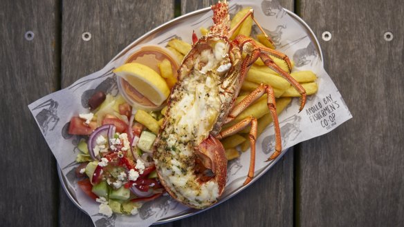 Southern rock lobster with garlic butter, salad and chips is  Apollo Bay Fishermen's Co-op's signature dish.