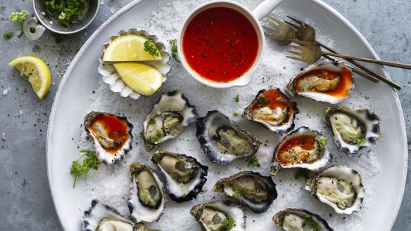 Oyster platter with homemade hot sauce.