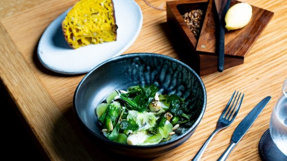 Barletta onions, saltbush, pumpkin loaf and smoked butter. 