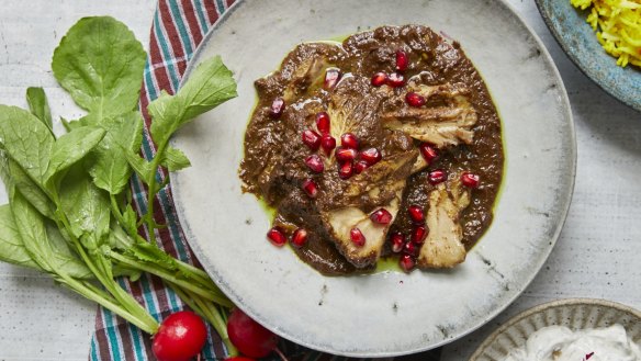 Khoresh-e fesenjoon, or Persian chicken stew with pomegranate and walnuts.