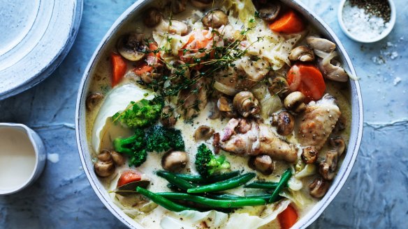 A neutral, simple chicken stock can be transformed into stew (or soup, or risotto...).
