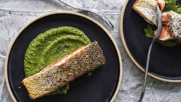 Adam's green vegetable sauce works with salmon (pictured), steak and pasta 