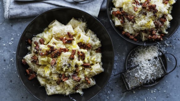 Cauliflower cheese meets carbonara in this creamy pasta.