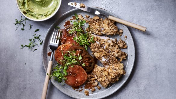 Mexican-inspired nachos schnitzels with quick pickled tomatoes and avocado.