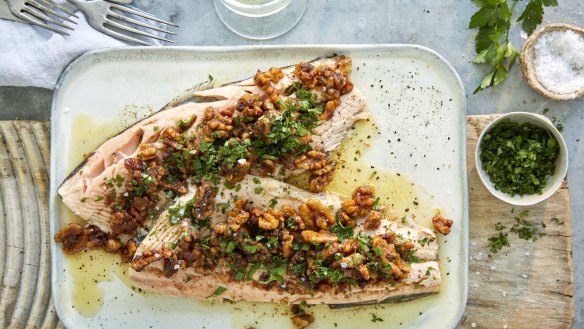 Rainbow trout with brown butter and vinegar walnuts.