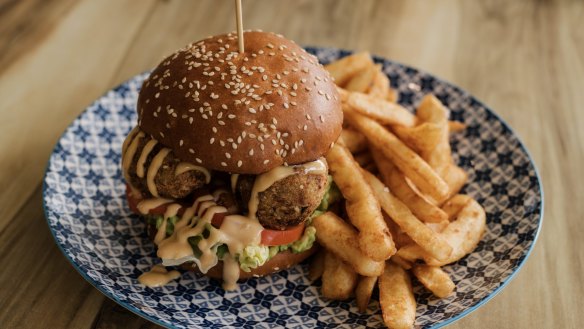 Tofu balls in burger with beer-battered chips.