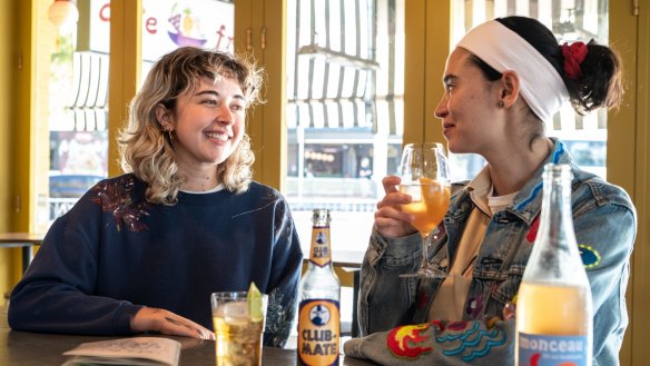 Sophia Fleming  and Carla Uriarte enjoying non-alcoholic drinks at Cafe Freda's in Sydney.