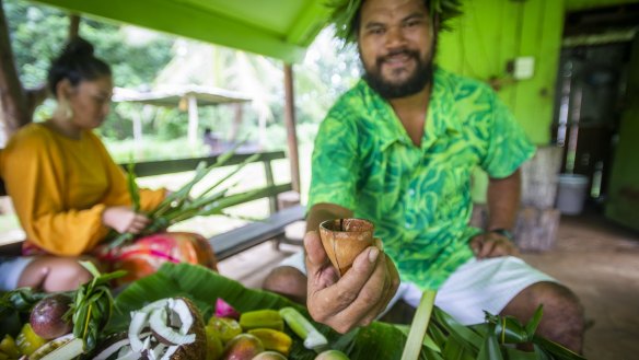 Homebrew sampling at a tumunu (traditional gathering) on the island of Atiu.
