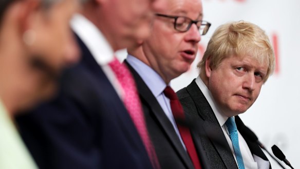 British MP Boris Johnson, flanked by other senior Vote Leave supporters in Stratford-Upon-Avon on Monday. 