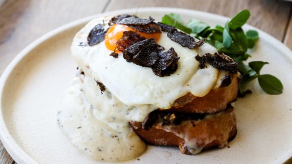 Wild mushroom toastie with truffle cheese, truffles and fried egg.