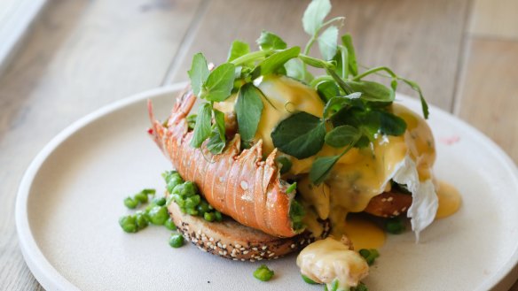 Butter-roasted lobster tail with poached eggs in a bagel.