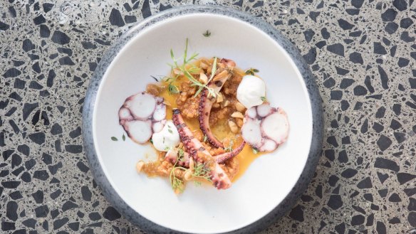 Grilled octopus, romesco and yuzu with brown butter.