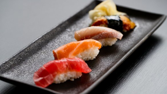 Yellowfin tuna, salmon, hiramasa kingfish and grilled Japanese eel nigiri.