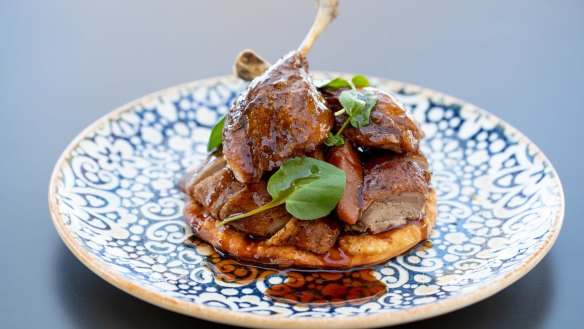 Twice-cooked duck with wild greens pie.