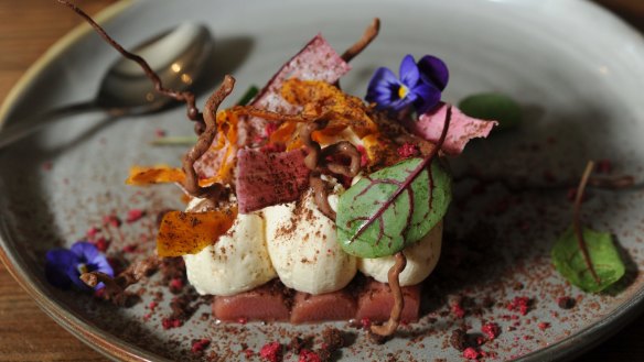Food and Wine. Restaurant Review of Les Bistronomes in Eloura Street Braddon. Dessert...White chocolate mousse with sweet potato crisp and rhubarb. April 15th 2016 The Canberra Times Photograph by Graham Tidy.
