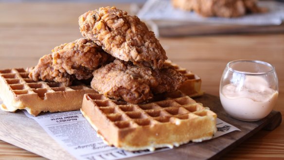 Fried chicken with waffles at Forbidden Food at Night, Carlton.