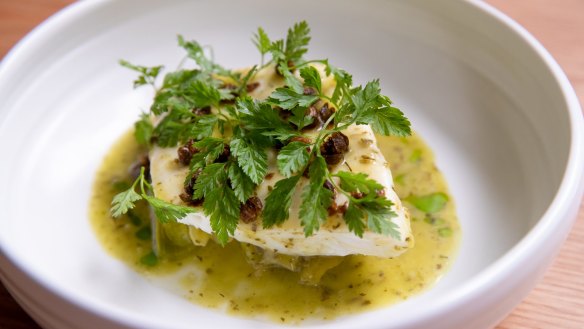 Steamed snapper, leek, caper butter, chervil. 