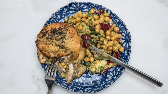 House-made chicken, corn and tarragon pie with chickpea, chargrilled zucchini and pesto salad.